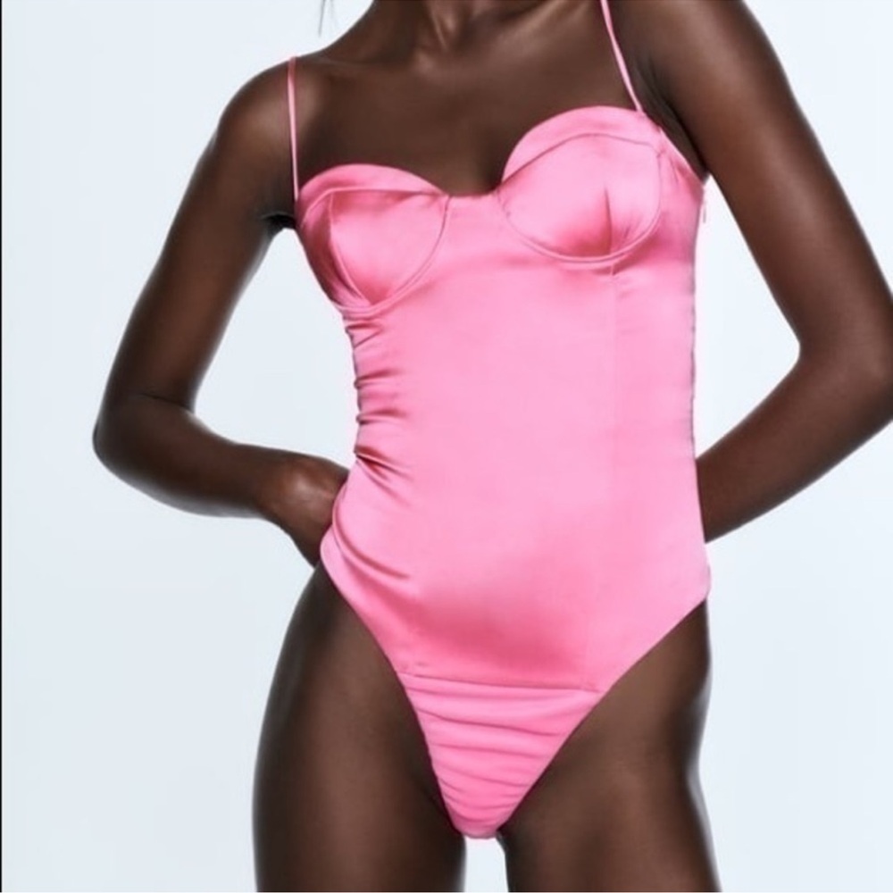 Zara Pink Satin Corset Bodysuit NWOT | Blogger Favorite Date Night Top Sexy Luxe - Picture 5 of 11